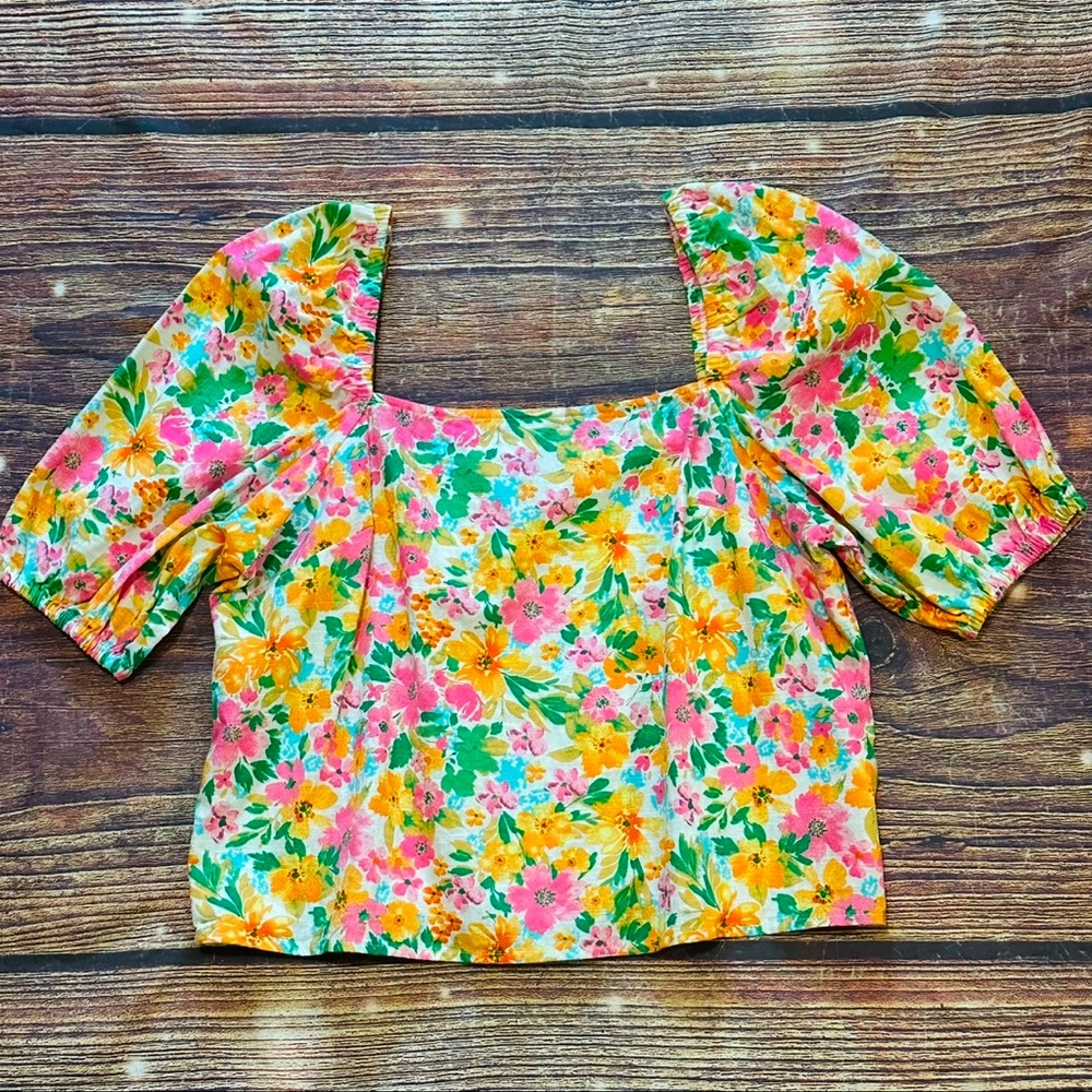 Floral Puff Sleeve Cropped Primark Top - Pink, Orange, Green. GUC. Size 12.